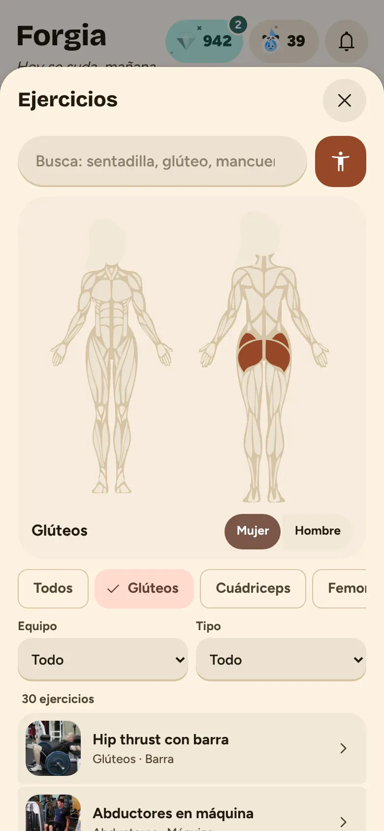 Biblioteca de ejercicios con la figura de músculos filtrando glúteos