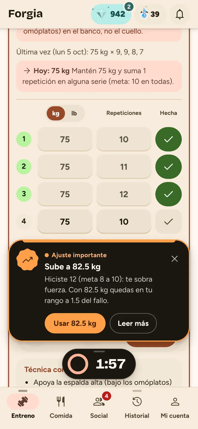 Sube a 82.5 kg: Te dice el peso exacto y lo pone en las series que faltan con un solo toque.