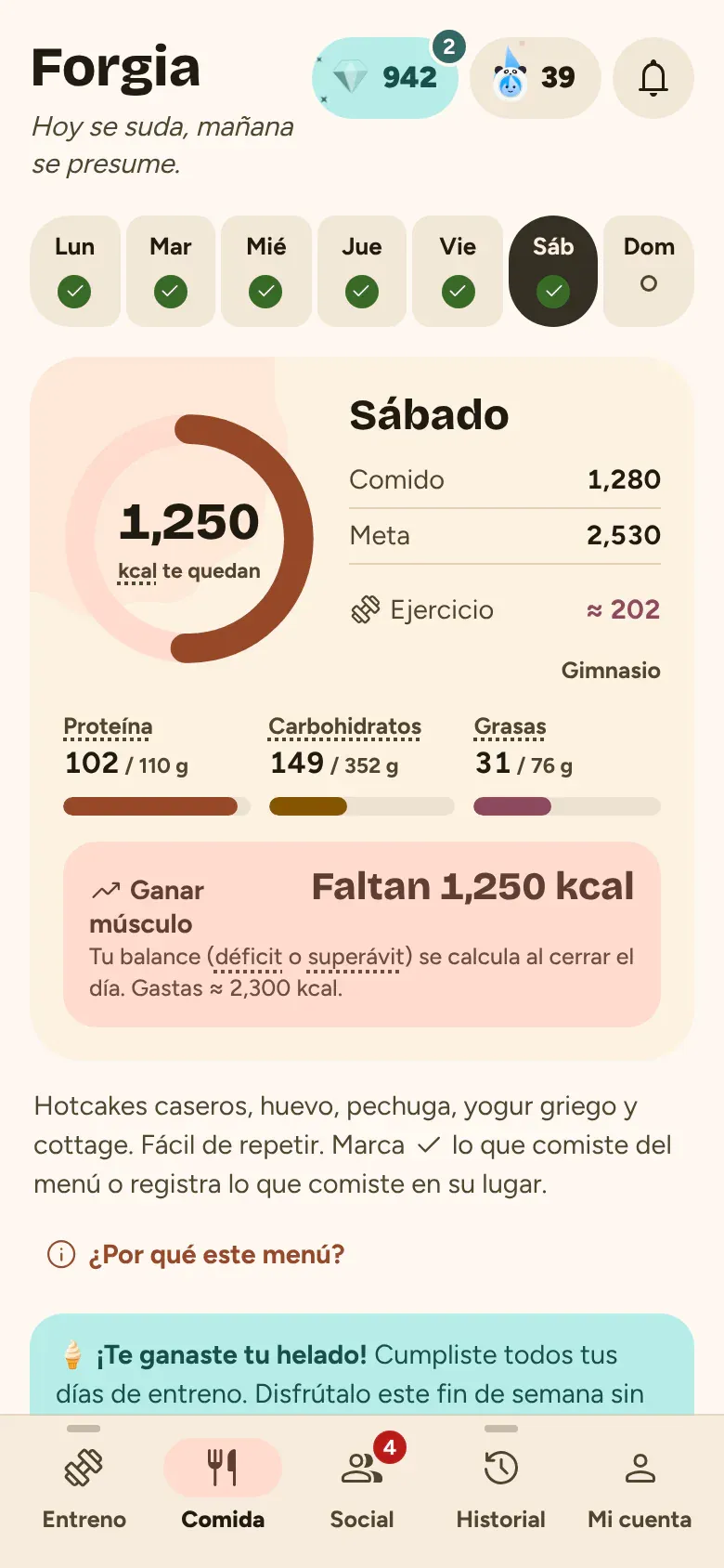 Comida del día con calorías y macros