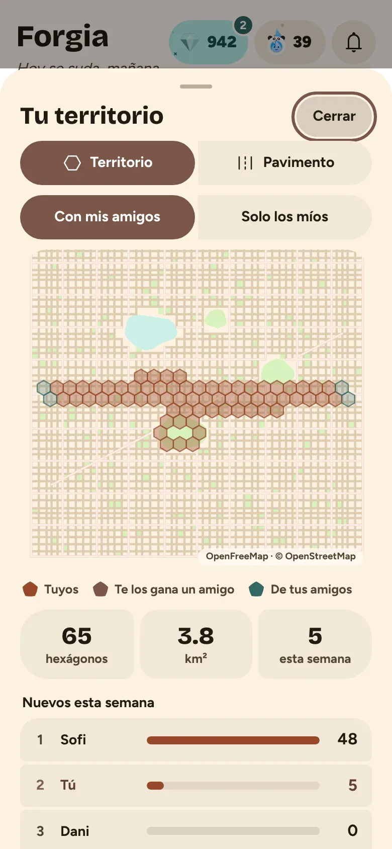 Mapa de tu territorio con hexágonos propios y de tus amigos
