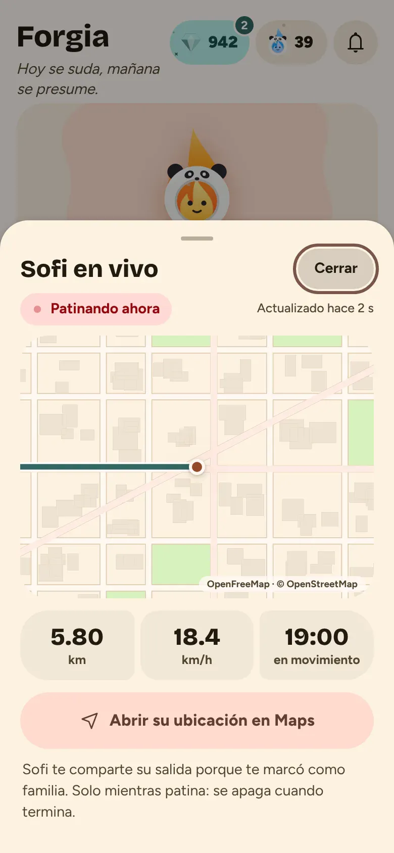 Hoja «Sofi en vivo» con su ruta y su punto en el mapa