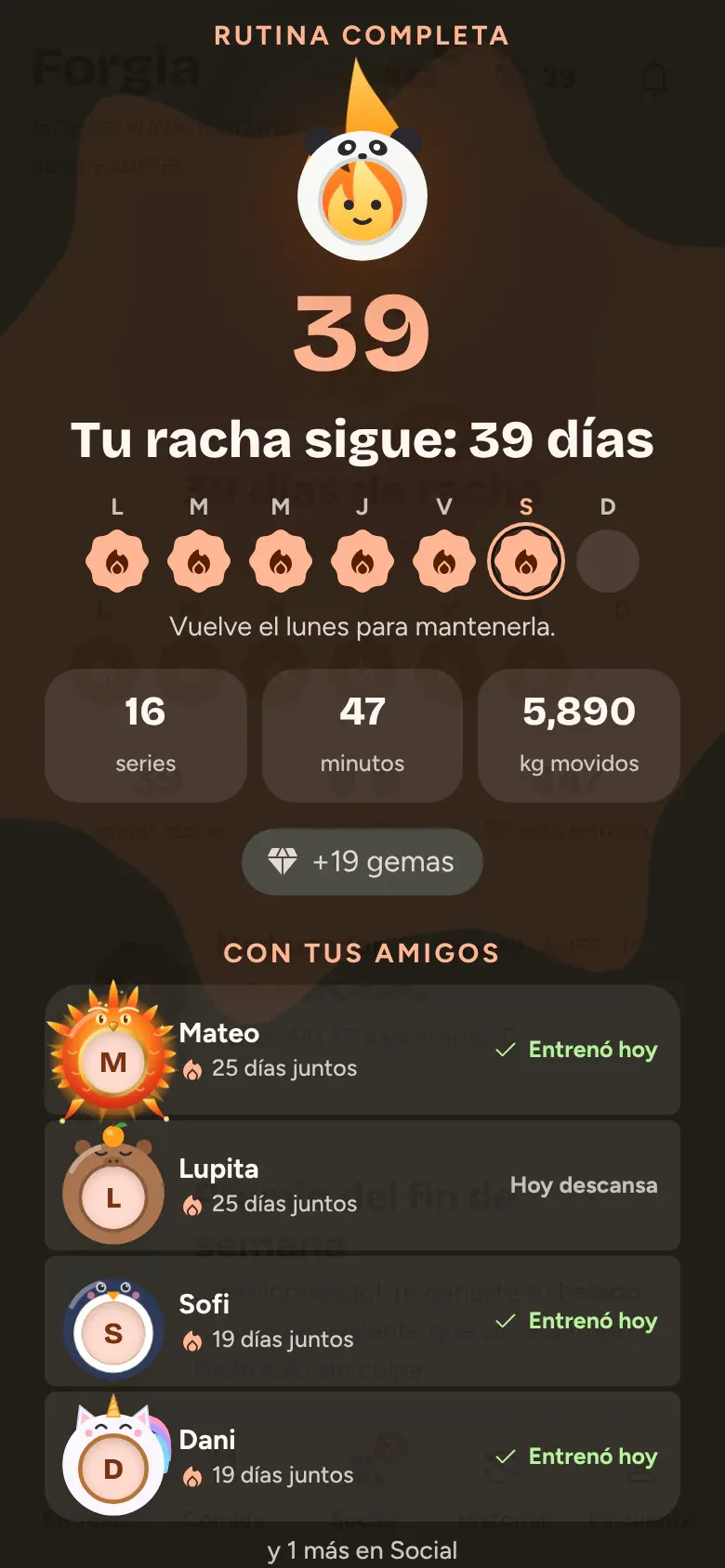 Festejo al guardar el entreno con la racha