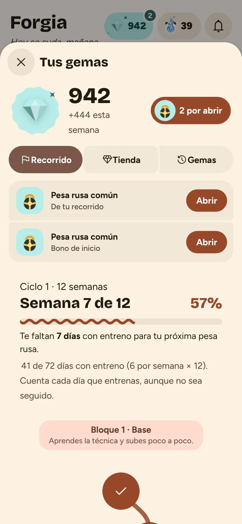 Recorrido del ciclo con gemas y pesas rusas