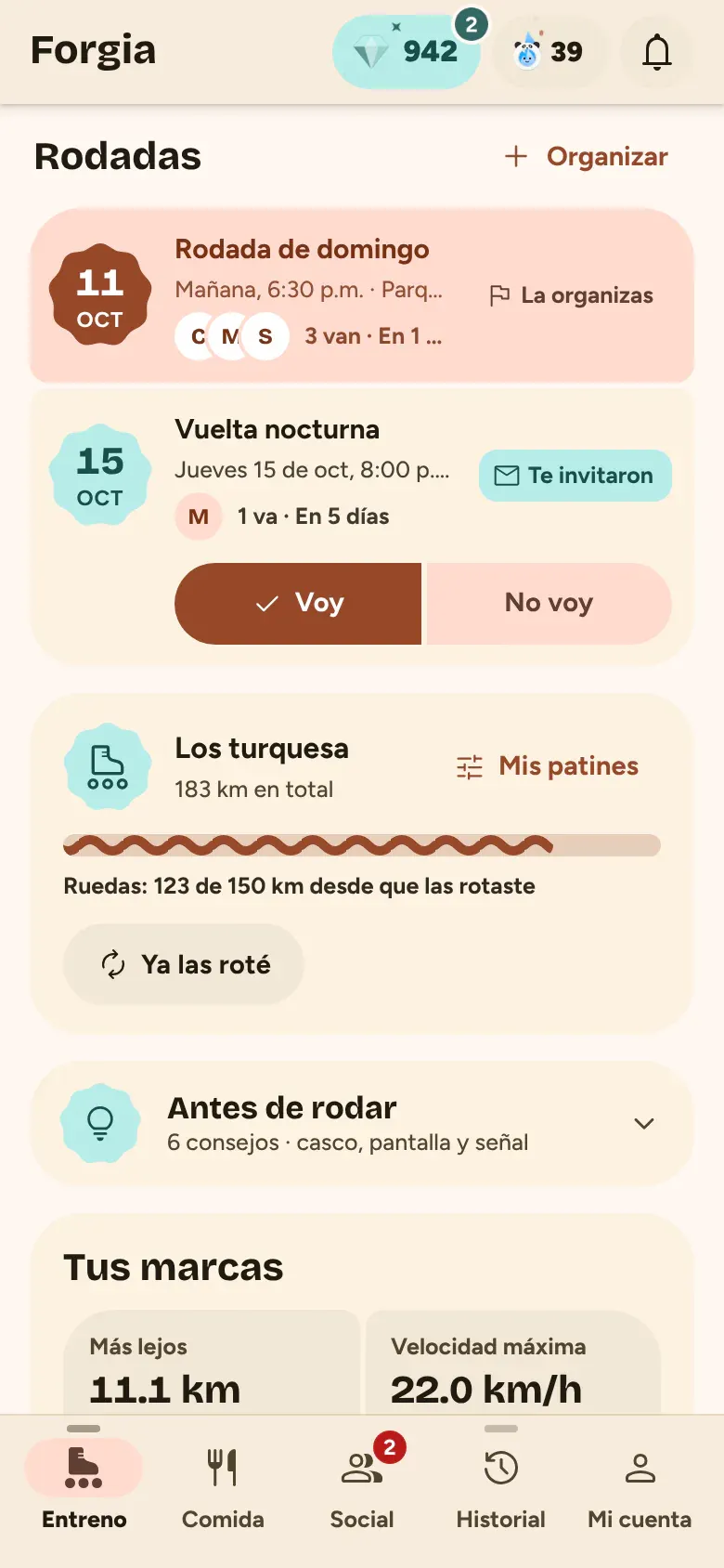 Rodadas en el inicio de Patinaje, con invitación para responder Voy o No voy y la tarjeta de tus patines