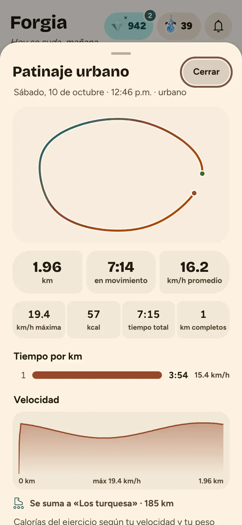 Resumen de la salida con ruta y tiempo por km