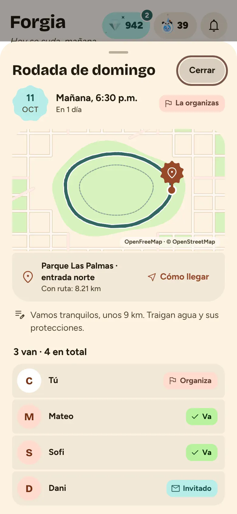 Detalle de una rodada con mapa, ruta y quién va