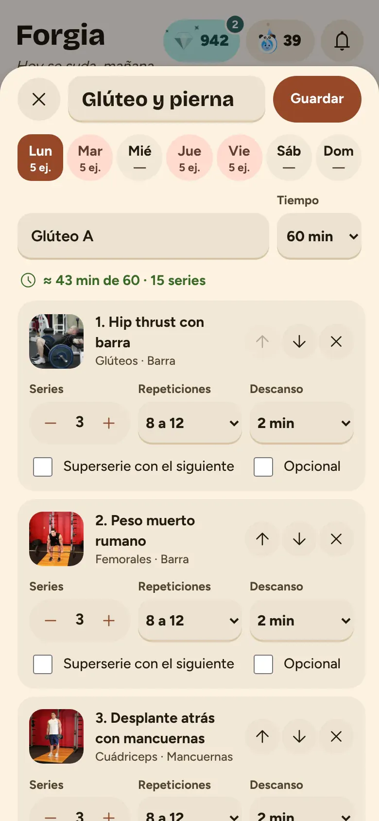 Editor de rutina con ejercicios, series y descansos