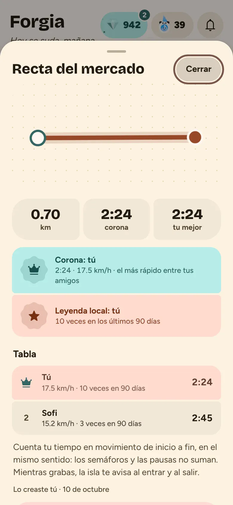 Un tramo con su corona, su leyenda y la tabla de tiempos